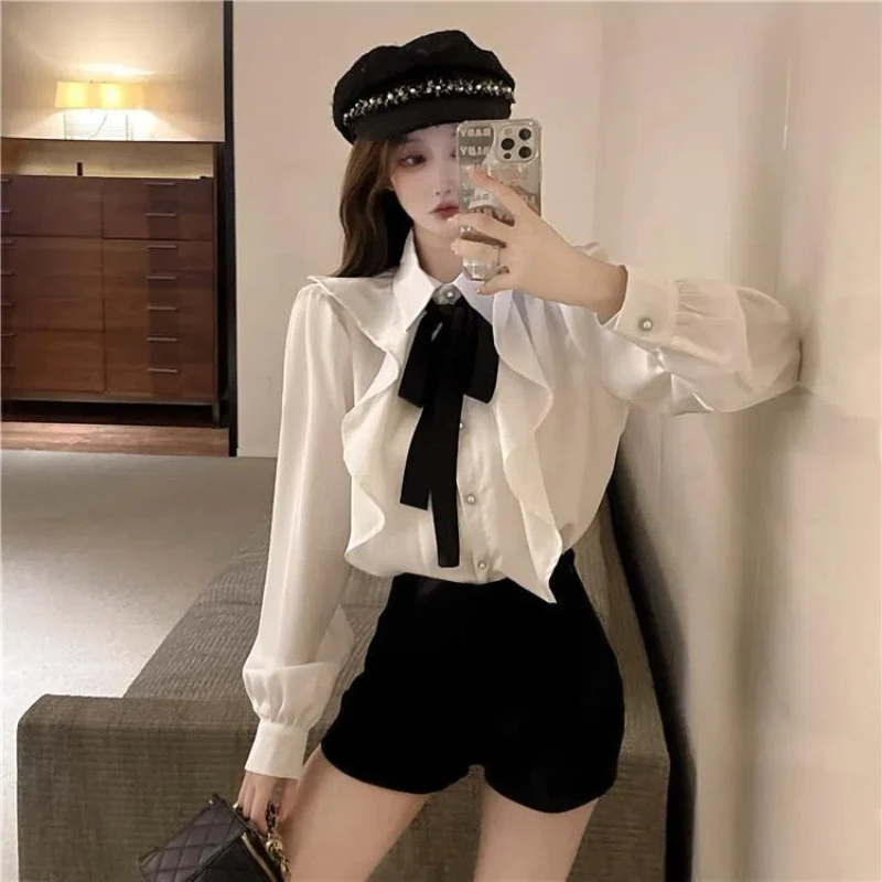 Temperament Blouse Women\'s Long Sleeve Polo Neck Bow Patchwork Ruffles Loose Solid Shirt Tops Fashion Korean Clothing Spring New