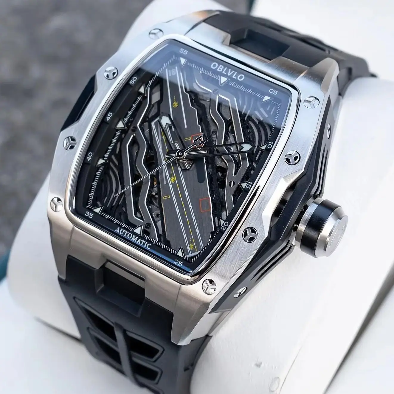 OBLVLO Men's Skeleton Automatic Mechanical Watch 50M Waterproof Large Tonneau Dial Silicone Strap Luxury Wristwatch