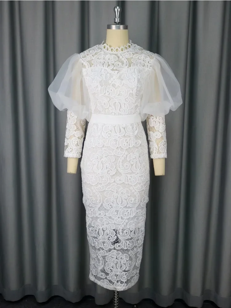 

White Summer Dress Lace Bodycon Long Sleeve Dress Elegant Slim Fit Summer Wedding Guest Dress for Women Stylish White Outfit