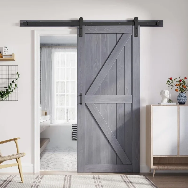 36in x 84in Gray Barn Door Slab with 6.6ft (79inch) Barn Door Hardware Track Kit and Handle Floor Guide Included