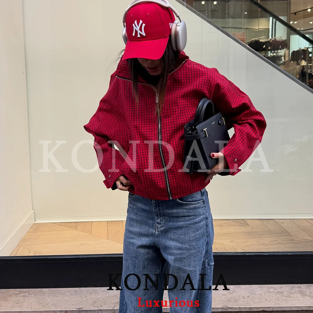 KONDALA High Street Casual Chic Red Women Bomber Jacket Plaid Stand Collar Zipper Loose Jacket Fashion 2026 Autumn Winter Jacket