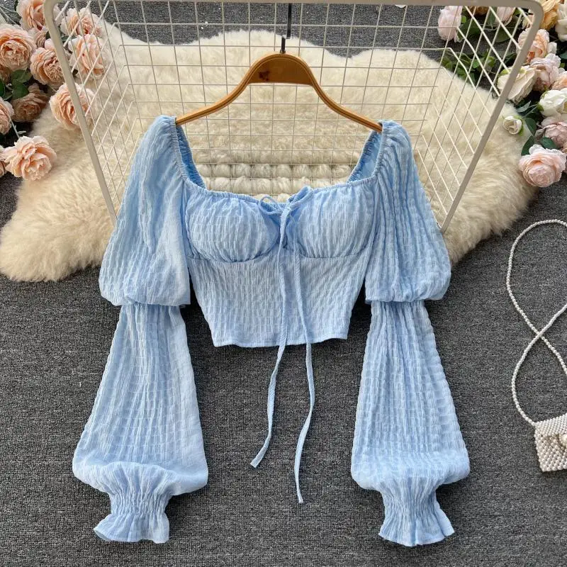 

Polka Dot Folds Short Blouse Summer Slash Neck Puff Long Sleeve Women Tie Elastic Waist Fashion French Beach Top