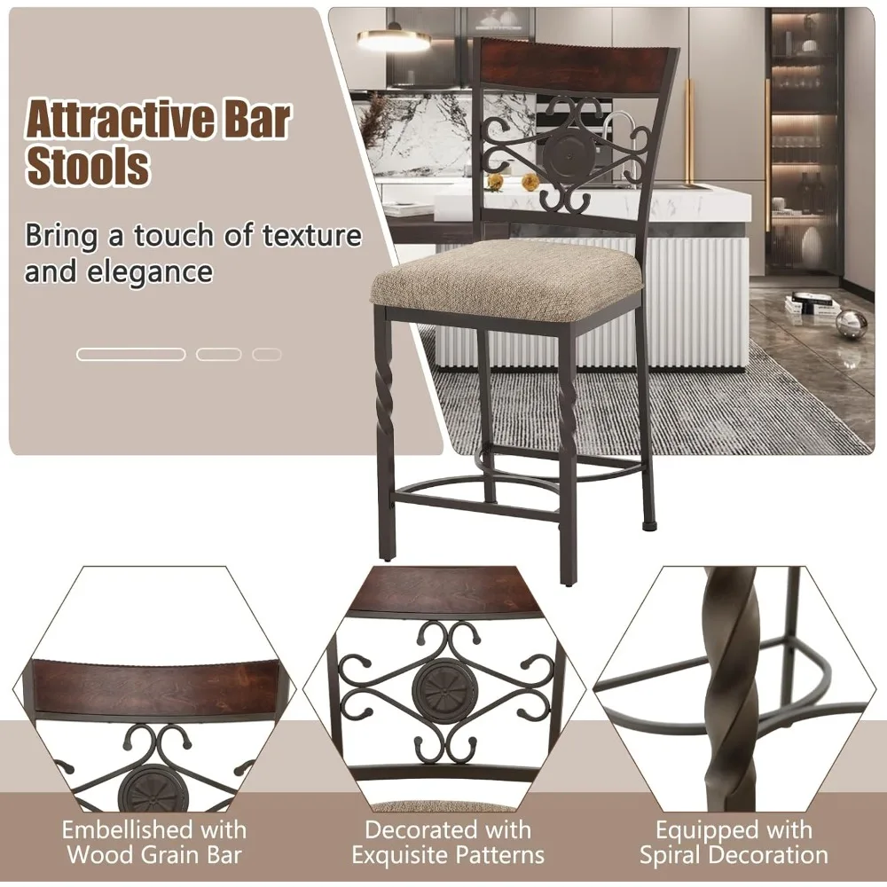 Bar height bar stool, vintage upholstered bar stool with back, rust-resistant metal frame, with cushion seat, non-slip feet