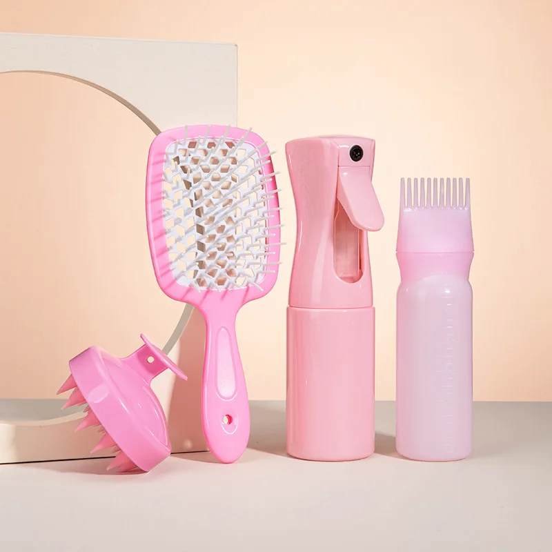 4Pcs Hair Styling Kit - Scalp Massage Shampoo Brush, Fluffing Styling Comb & Hair Coloring Spray Bottle Set for Home Salon Use