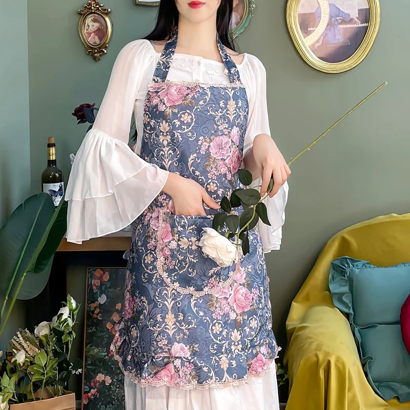 Apron Household Pastoral Fragmented Flowers Waterproof Oil Proof Korean Style Blue Half Body Lovely French Retro Cook