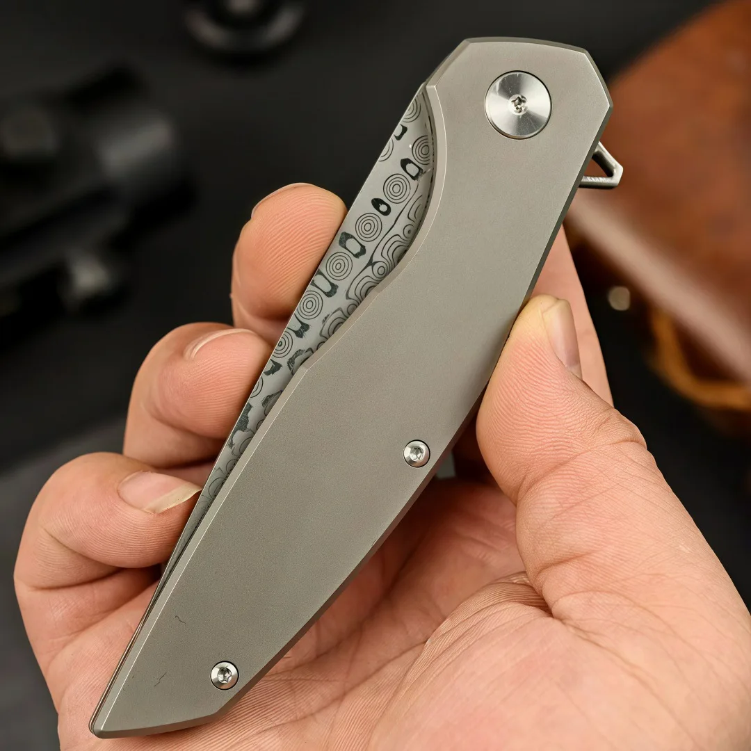 Damascus steel titanium alloy handle folding outdoor sharp high hardness fishing EDC pocket survival knife