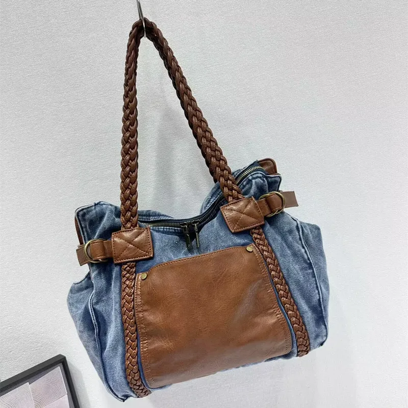 Vintage Denim Large Capacity Tote Bag Maillard Women Shoulder Bags Pu Leather Patchwork Crossbody Bag Big Shopper Purses 2026