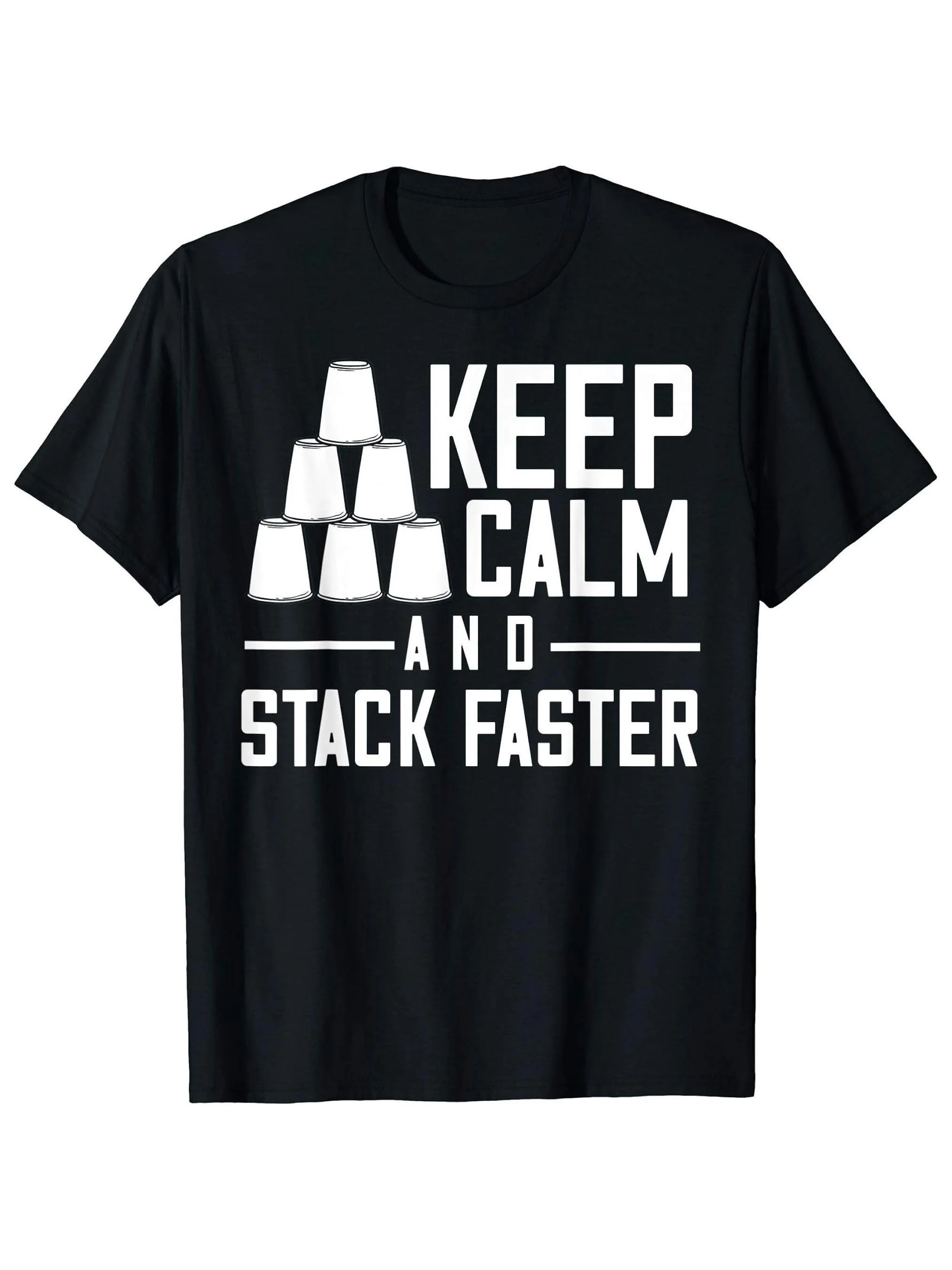 Speed Stacks Men's Keep Calm  Stack Faster Graphic T-Shirt - Black with White Text and Stacking Master Design, Breathable Summer Casual Crewneck Tee