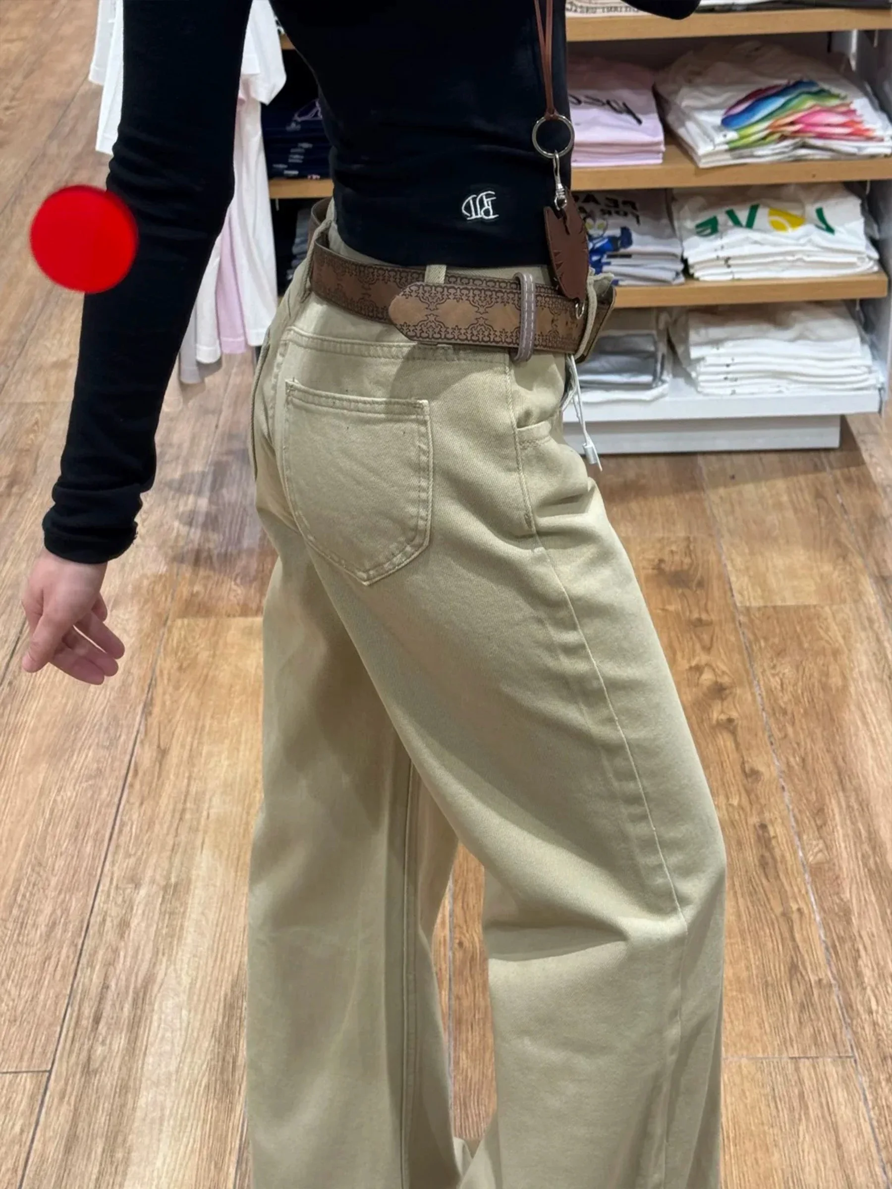 Pantalones de lana para mujer, color caqui, cintura baja, pierna ancha, sueltos, rectos, ligeros acampanados, engrosados, para invierno