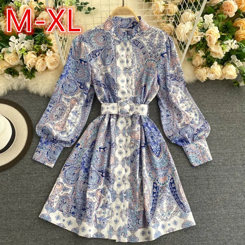 

Women Vintage Print Mini Dress Autumn Stand Collar Button Long Sleeve Sexy Vintage Dresses Chic Flower Elegant Belt Party Dress