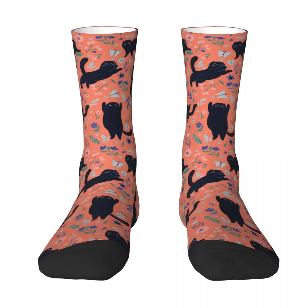 

Black Flower Cat Cats Cute Meow Sock Socks Men Women Polyester Stockings Customizable Design