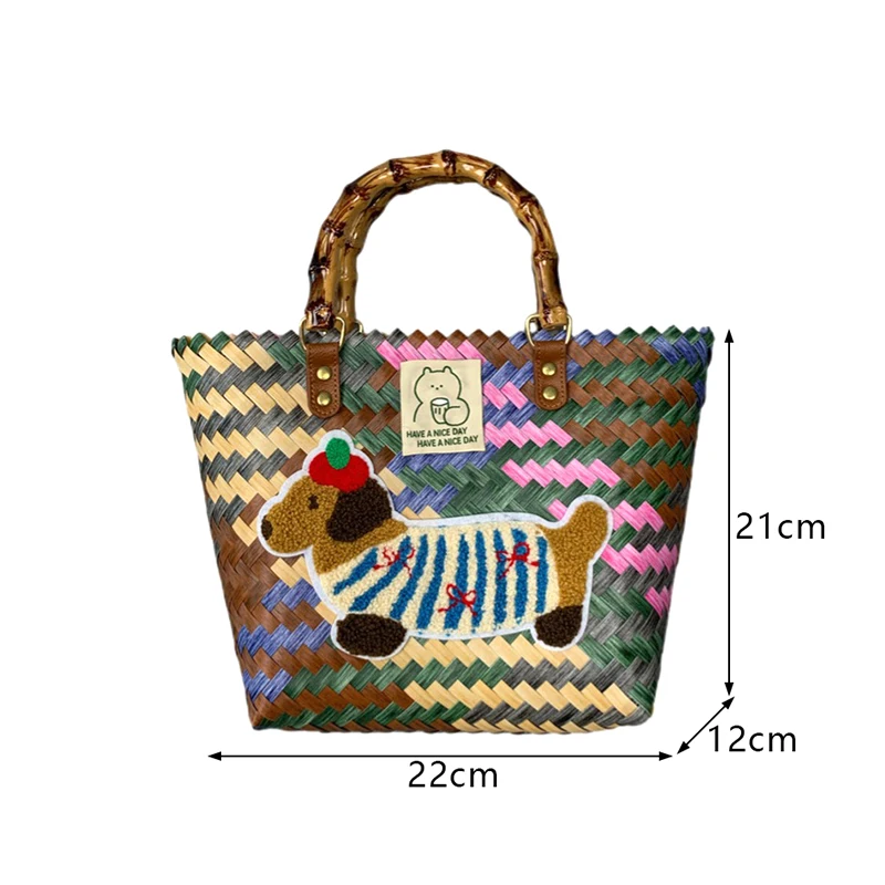 Retro Woven Bag Striped Dachshund Dog Tote Bag Cute Handbag Large Capacity Tote Bag Fashion Bamboo Handle Vegetable Basket Bag