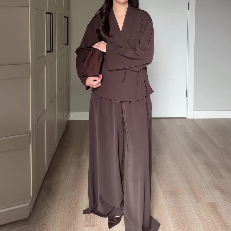 Elegant Solid Color Commute Women's Sets Autumn New Chiffon Wide Leg Pants Outfit Casual V-neck Loose Shirts Pants Matching Sets