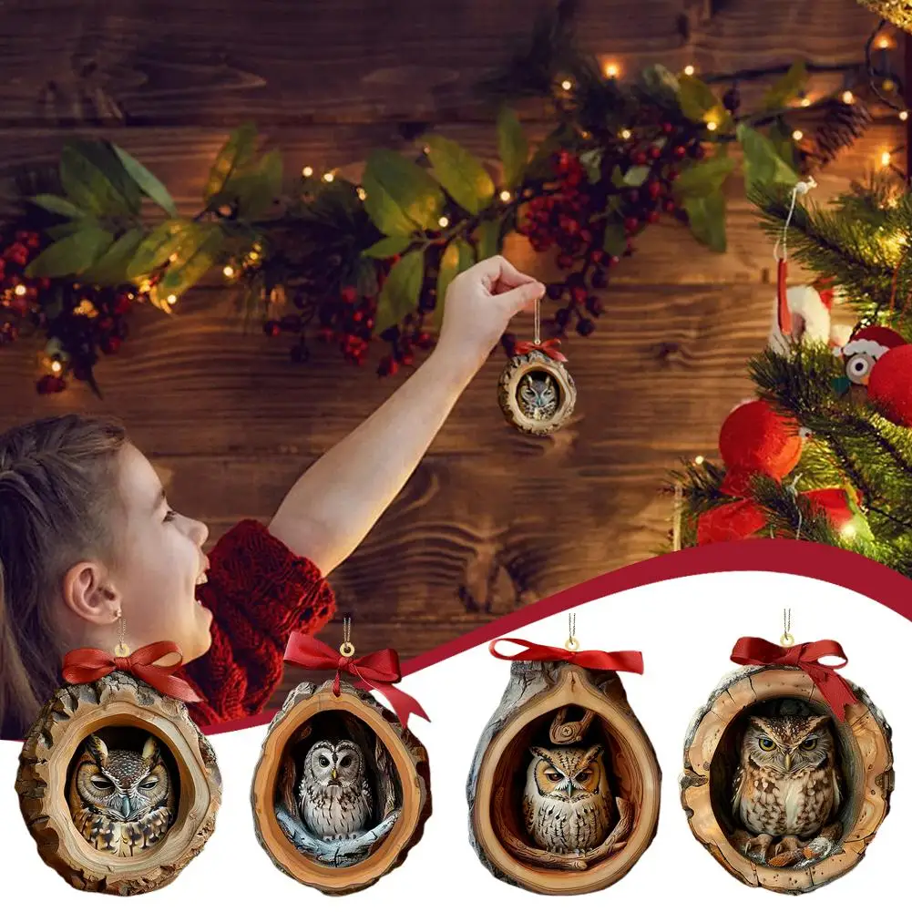 2D Cute Owl Christmas Ornament Animal Christmas Acrylic Pendant Hanging Gift Tree Tags Car Rearview Mirror Hanging Decoration