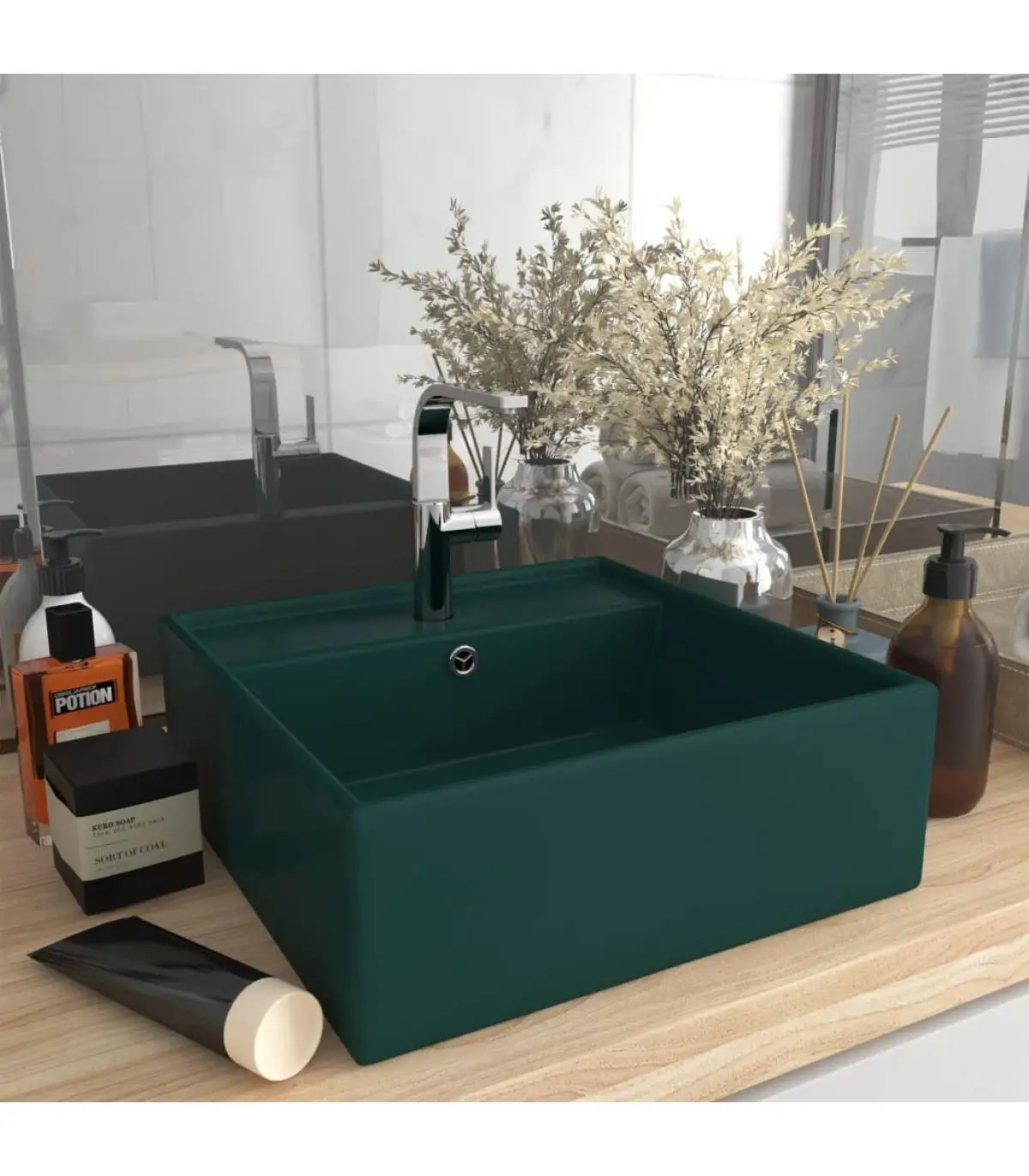 Washbasins luxurious square basin overflow ceramic dark green 41x41cm