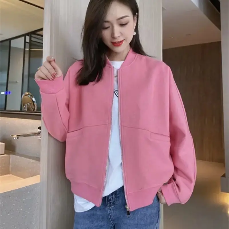 Spring 2023 New Zippered Solid Color Baseball Jacket Sportswear Short Jacket Women\'s Loose Casual Top Cardigan