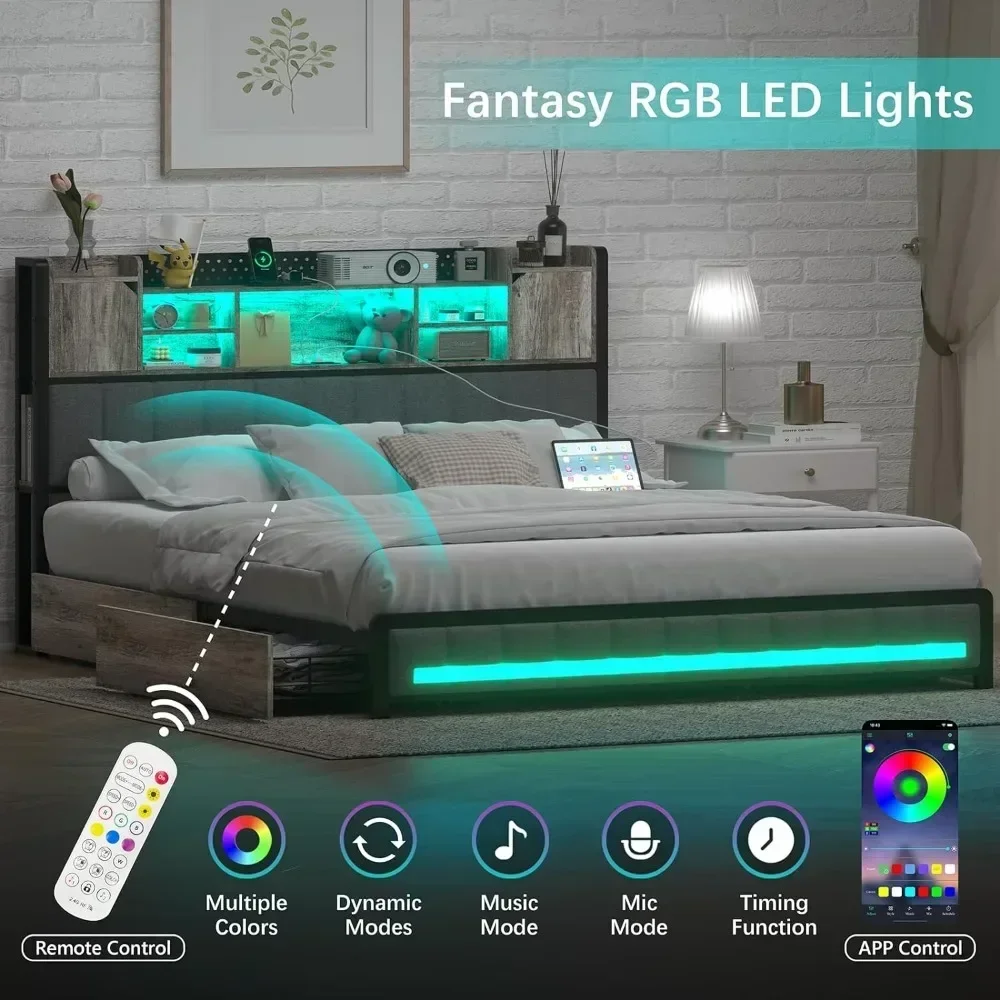 #For Queen Bed Frame with Storage Headboard & 4 Drawers, LED Upholstered Beds Frames with Type-C & USB Ports, Bed Frame&