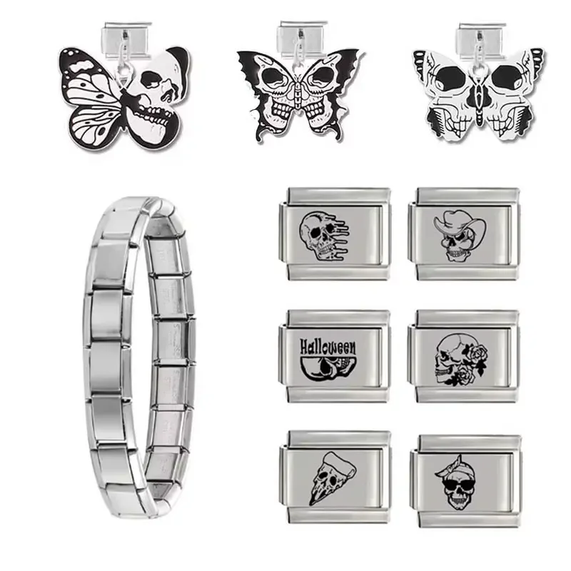 

Italian Charm Stainless Steel Bracelet 9mm Splicing Module Halloween Pendant DIY Jewelry Dark Skull Butterfly for Men Chains