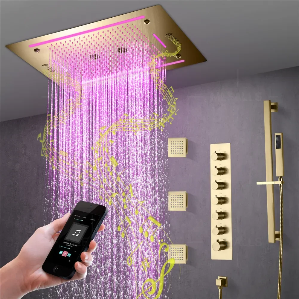 

New Design Luxury 6 Function Shower Head Rainfall ,Waterfall,Rotary Massage,Mist Wall Mounted Shower With LED and Music