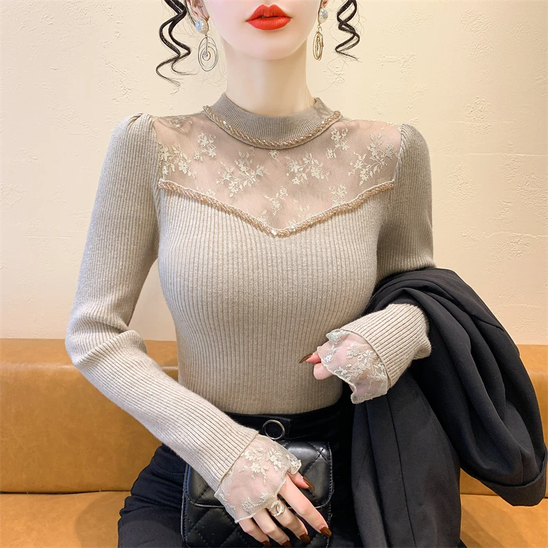 2025, nowość, europejski, ubrania, dzianina, sweter, kobiety, szyk, seksowny, dekolt w szpic, patchwork, koronka, koraliki, długi rękaw, koszula z dołu, topy, 412144