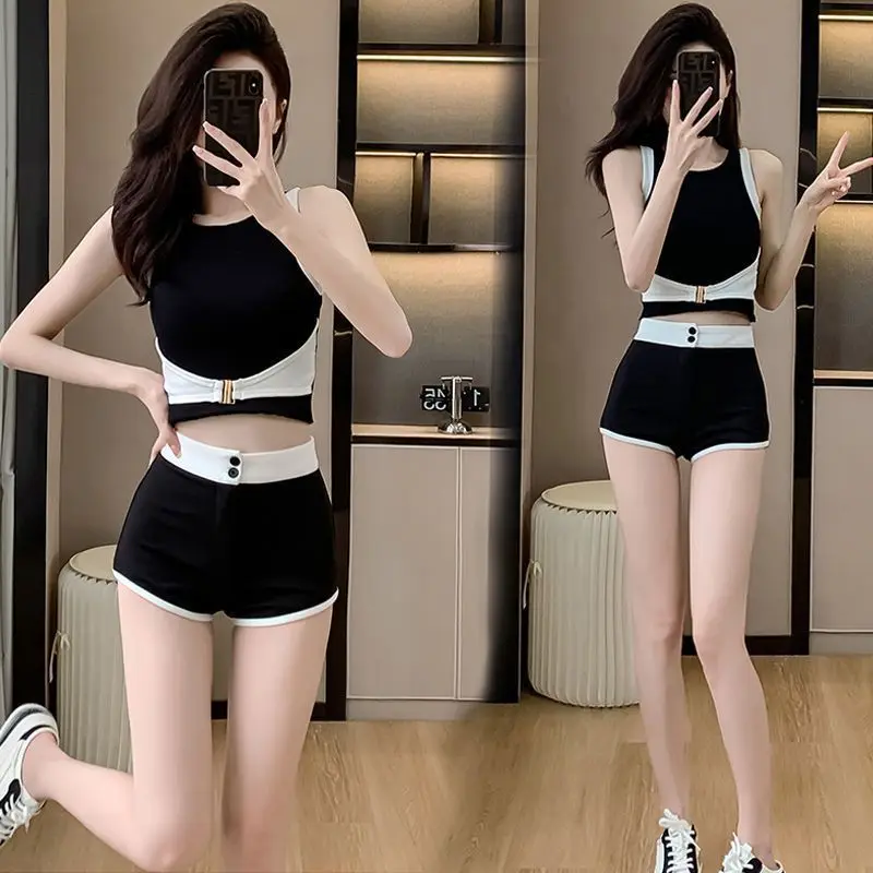 Fashion Patchwork Slim Short Sets Summer Trend Sexy Buttons High Waist Two-piece Suit Women Clothing Fashionable Elasticity