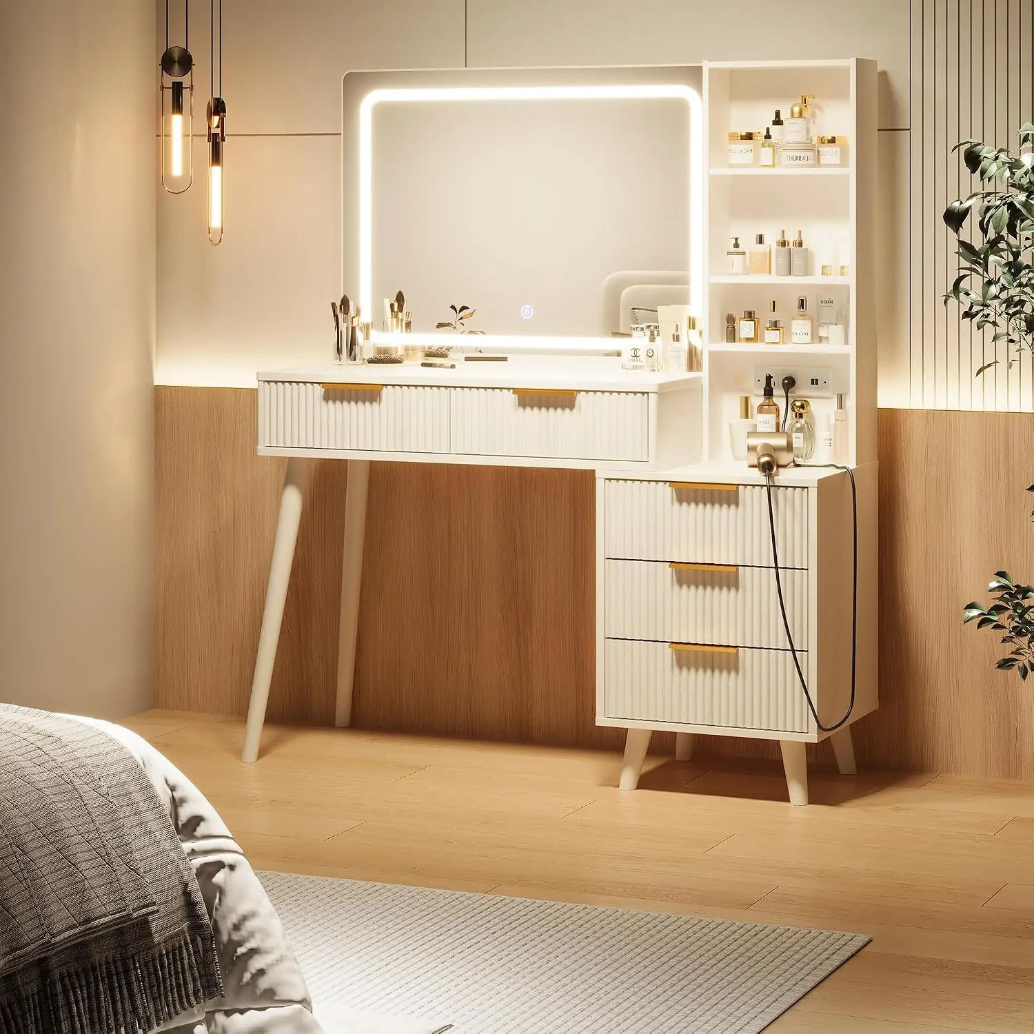 Vanity Desk Mirror Lights Power Outlet Makeup Table Five Drawers Storage Shelves Three Color Modes Brightness Bedroom Dressing S