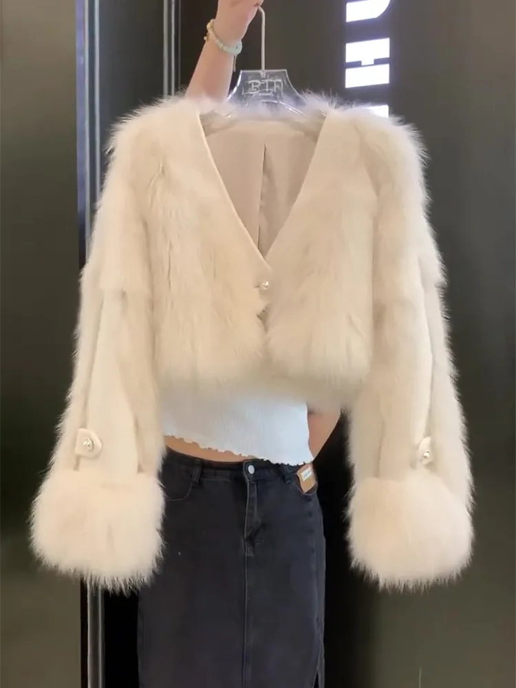 معاطف نسائية من الفرو الصناعي سترات من الفرو الصلب قصيرة بياقة على شكل V وأكمام طويلة وزر واحد سميك ودافئ وفرو فضفاض غير رسمي لخريف وشتاء 2025 #5