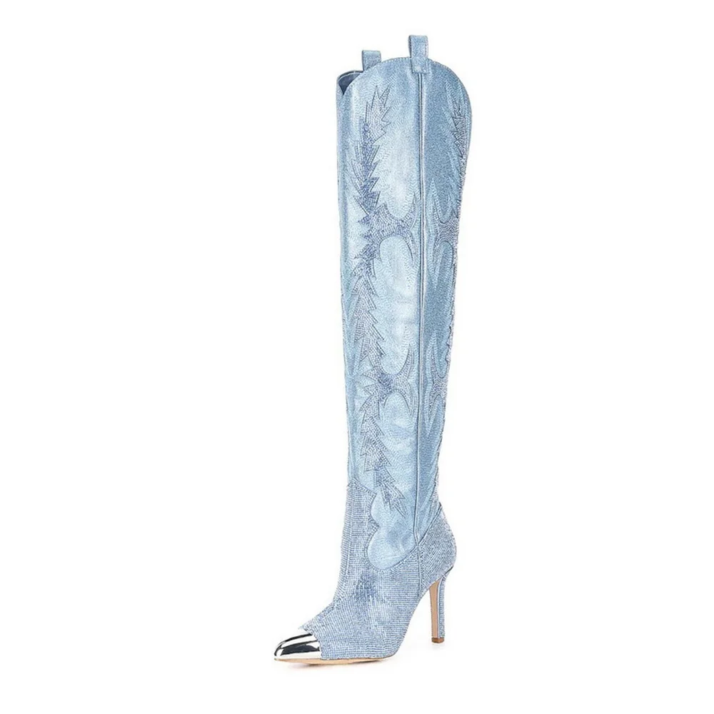 2026 New Design Women High Boots,Rhinestone Over The Knee Botas,Fashion Stage Show Shoes,Side Zip,Blue,Black,Pink,Dropship