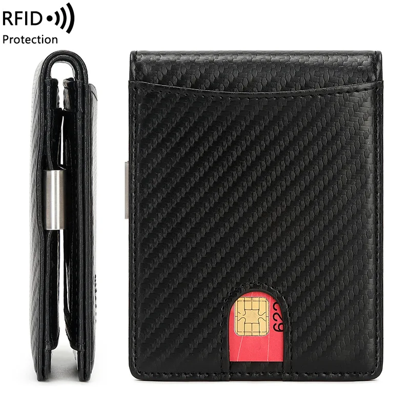 Minimalist Men's Carbon Fiber Wallet RFID Anti-theft Brush Double Fold Cross Front Pocket Portable Bank ID Card Holder Case