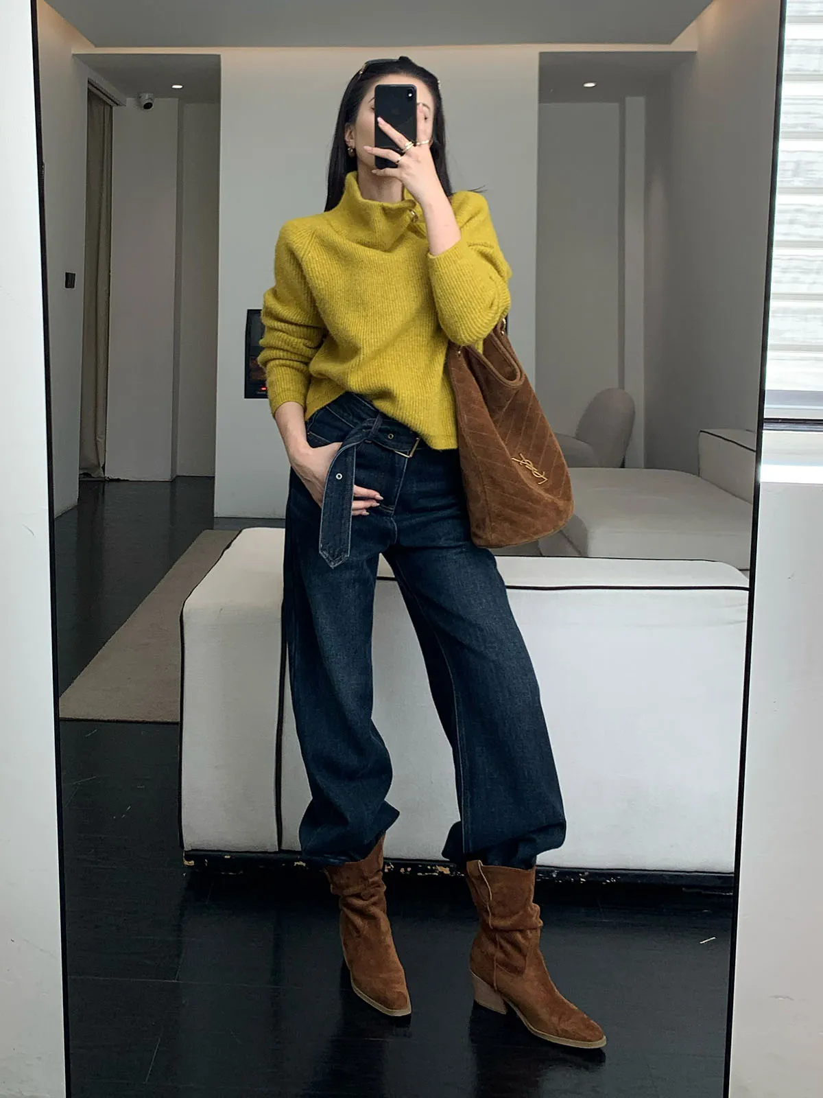 

Retro Fce Lined Bell Bot Jeans High Waist Straight Leg Loose Slimming Casual Denim Pants for Women All Seasons