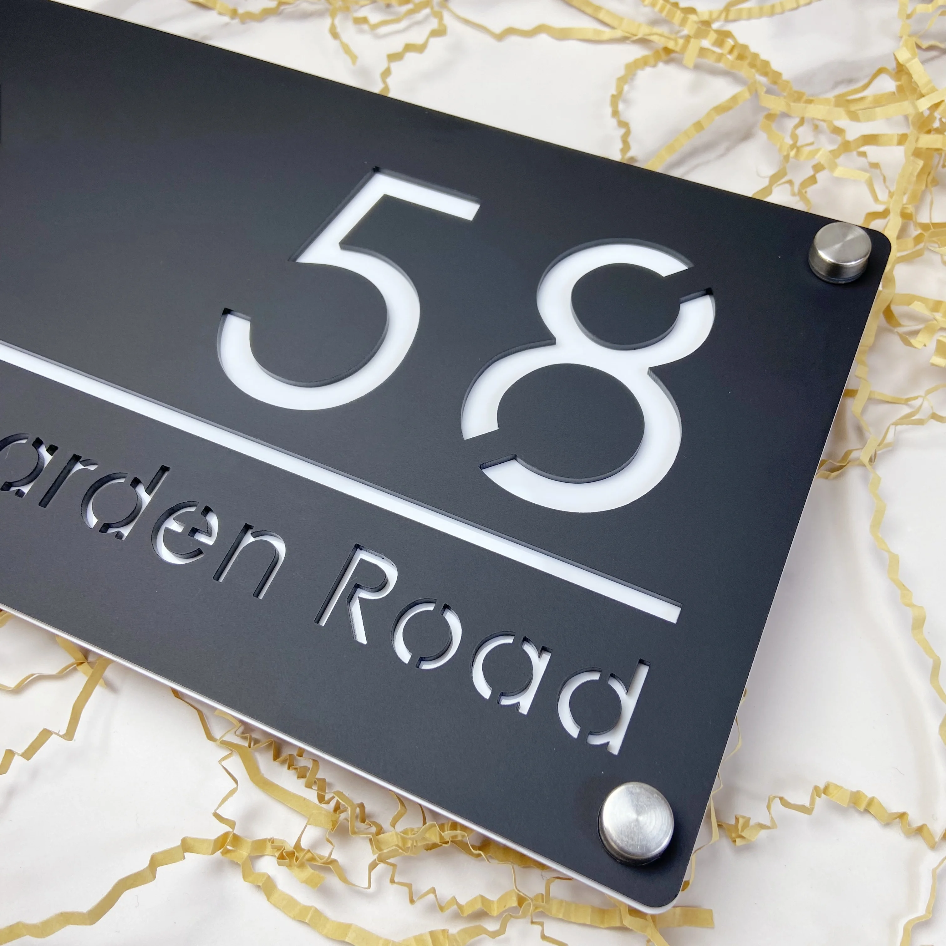 Custom Black Silver Matte Acrylic 3D Floating House Number Sign with Laser Cut, Outdoor Street Address Wall or Room Name Decor
