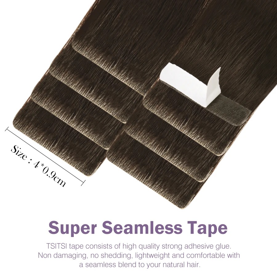 TSITSI Hand Tied Tape In Adhesives Human Hair Extensions PU Skin Weft 100% Real Remy Hair Invisible and Seamless Tape Extensions