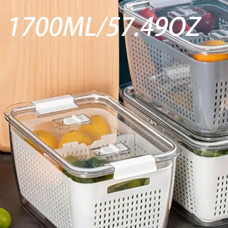 Doublelayer Refrigerator Storage Box Fruit and Vegetable Drain Basket Fresh-keeping Box with Lid storage container kitchen tools