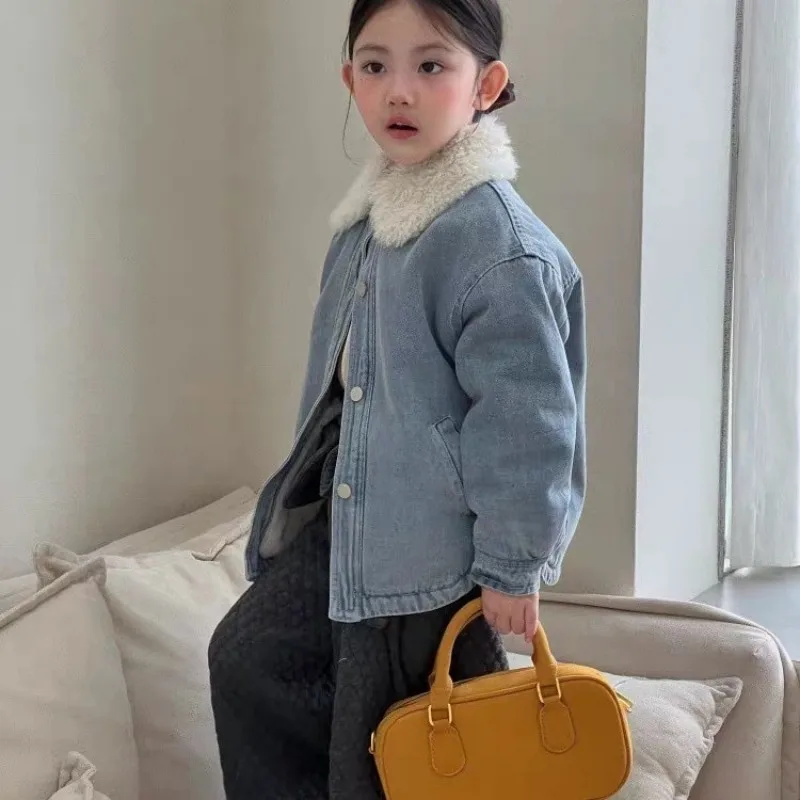 

Girls' Autumn Winter Warm Jacket with Fur Collar Children's Plush Casual Denim Coat for Kids 90-160cm