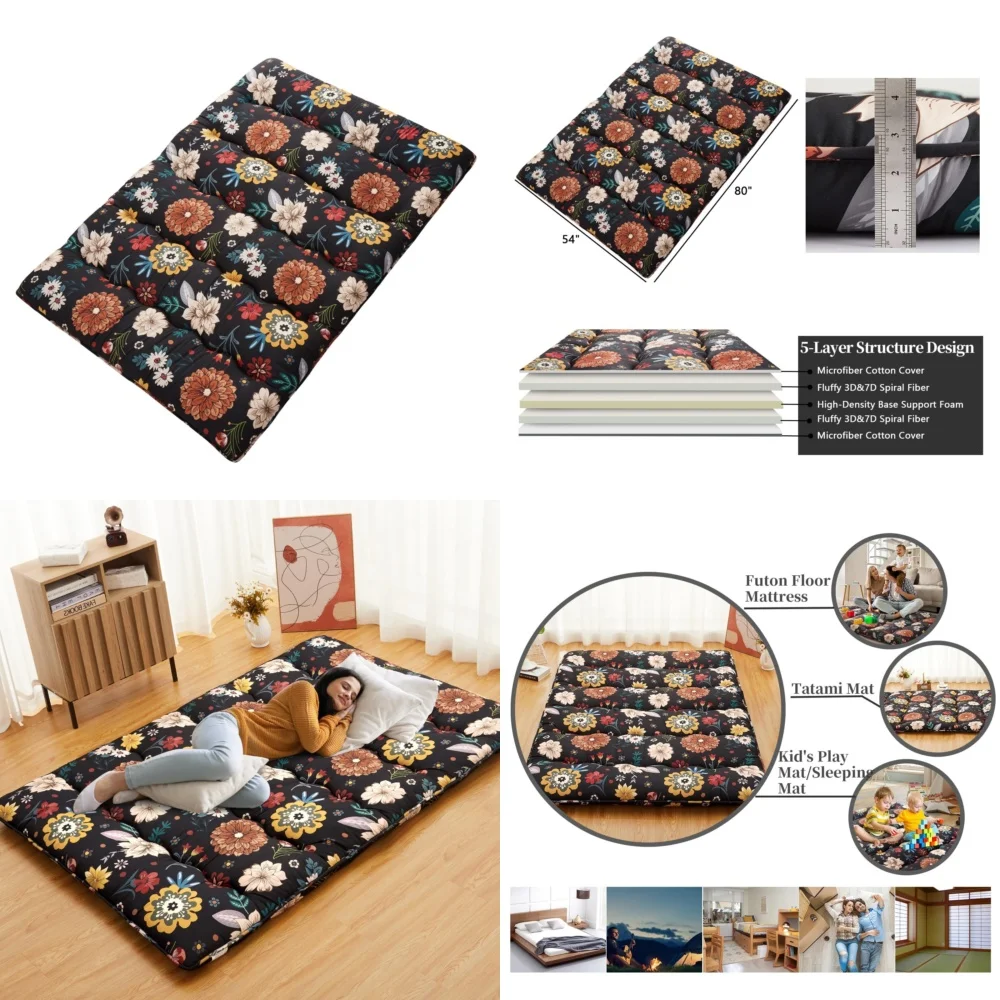 

MattressesFoldable Japanese Style Futon Mattress 3 Inch Portable Floor Bed Full Size Black Floral Design Comfortable and Space