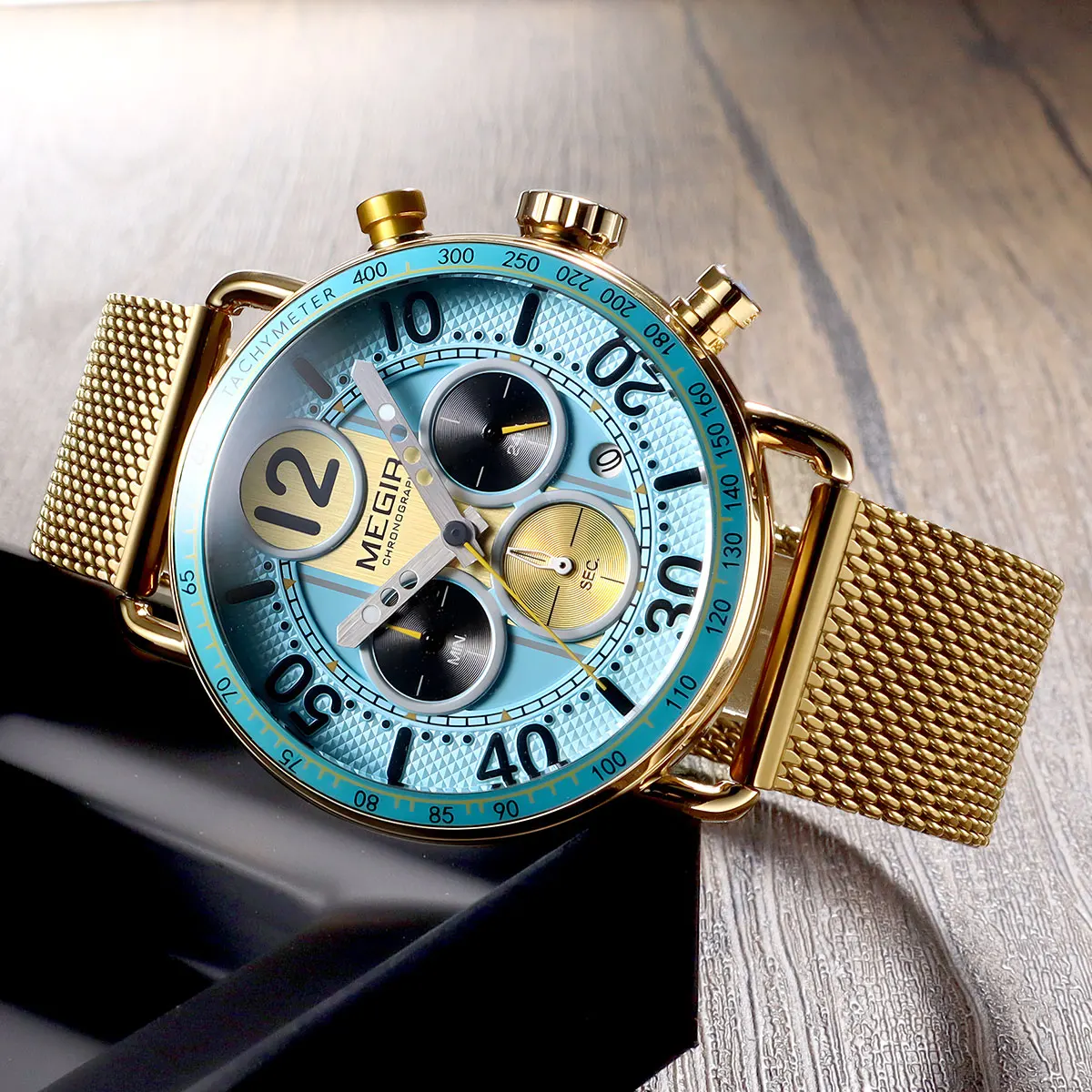 MEGIR Multifunctional Chronograph Quartz Watch for Men Fashion Sports Waterproof Wristwatch with Stainless Steel Mesh Strap Date