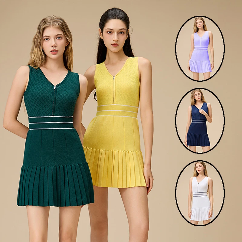 

Новое женское теннисное платье с воротником-молнией и v-образным вырезом, тонкое платье для гольфа, женская плиссированная юбка для гольфа без рукавов с внутренней короткой фитнес-пикболом