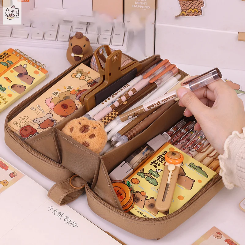 Trousse à crayons de dessin animé mignon multifonctionnel, Capybara, fermeture éclair, évaluation de la papeterie