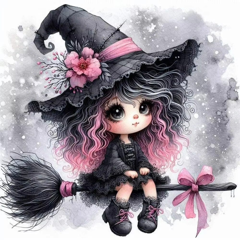 Rompecabezas de Brujita Adorable, Bruja Chibi en Escoba con Detalles Rosados, Arte de Fantasía Caprichoso para Decoración del Hogar