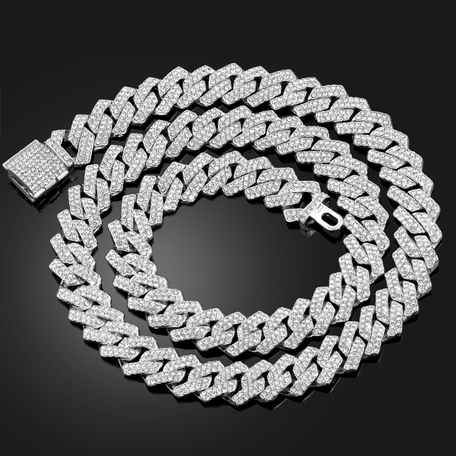 Hip Hop 14MM Cuban Link Chain Necklace Women Men 2 Row Rhinestone Prong Rhombus Cuban Necklaces Bracelets Iced Out Jewelry