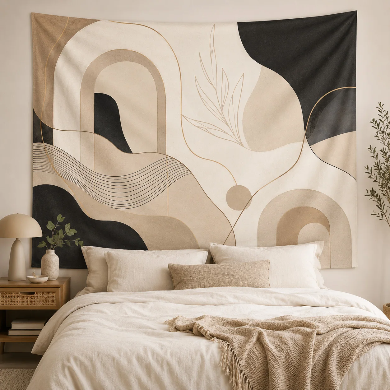 Neutral Abstract Wall Tapestry Minimalist Geometric Botanical Decor for Apartment Bedroom Living Room Office