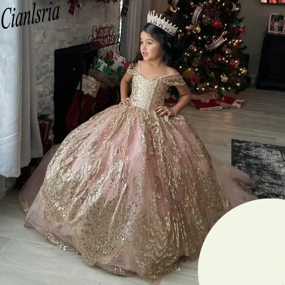 Rose Gold Small Girl Ball Gown Quinceanera Dresses Off The Shoulder Sequined Appliques Ruffles Bow Sweet 15 Vestidos De XV Años