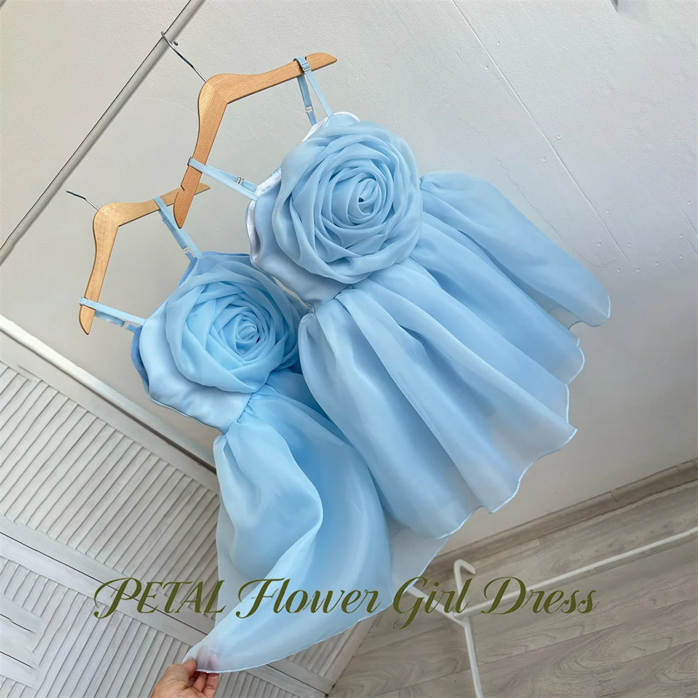 Petal Baby Blue Princess Girls Dress Spaghetti Strap First Communion Dress 3D Flowers Kids Birthday Wedding Dresses Customized