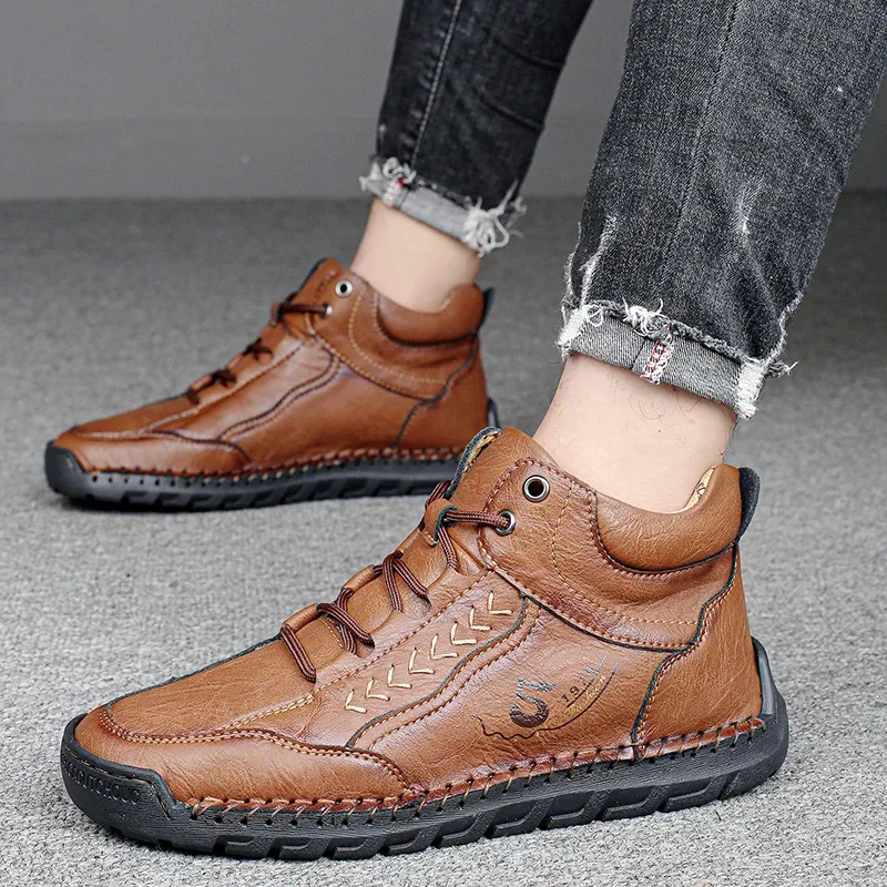 

100% Cowhide Men'S Casual Shoes Genuine Leather Fashion Breathable Senior Leather Shoes, High-Top Handcrafted Casual Shoes
