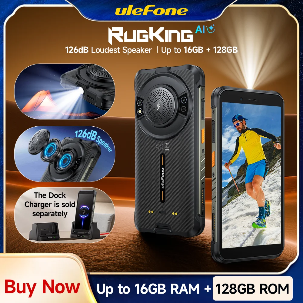 Ulefone RugKing 4G Robuuste Telefoon Android 15 Tot 16GB+256GB AI Smartphone 9600mAh Waterdicht 5.99" 50MP NFC Wereldwijde versie 126dB Dual SIM