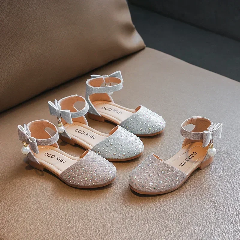 Girl Princess Shoes Rhinestone Pearl Children Wedding Party Single Shoes Fashion Versatile Kids Sweet Korean Style Flat Sandals