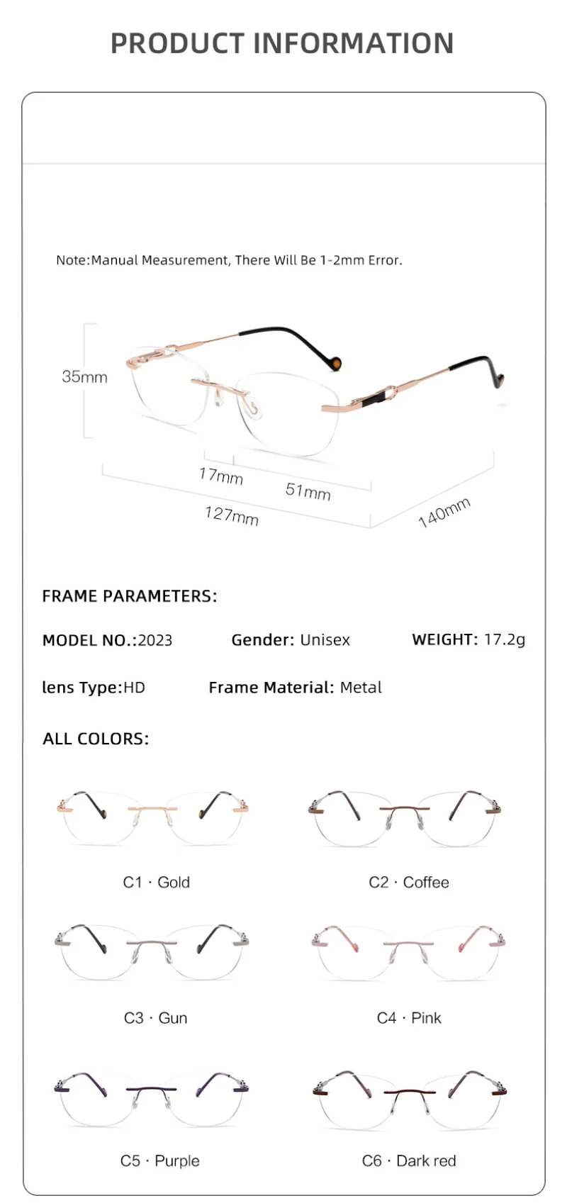 BEMORE Women Rimless Alloy Eyeglasses Prescription Optical Photochromic Anti Blue Light Reading Magnifying Glasses