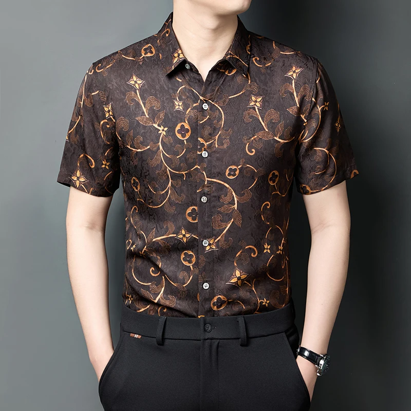 

HT9806 Viscose 100% Coolness Shirts For Men Short Sleeve Fashion Summer Quality Silky Comfortable Print Casual Camisas De Hombre
