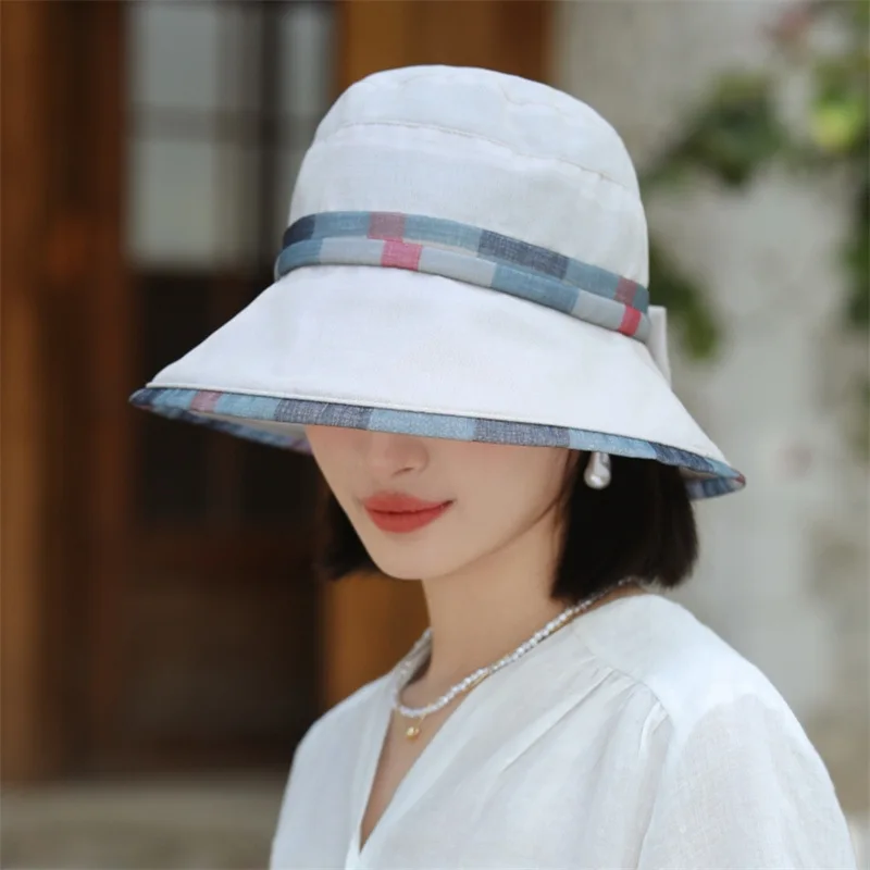 

Summer fisherman's hat, plaid basin hat, bowknot sunscreen and breathable sun hat, all-match mother's travel sunshade hat