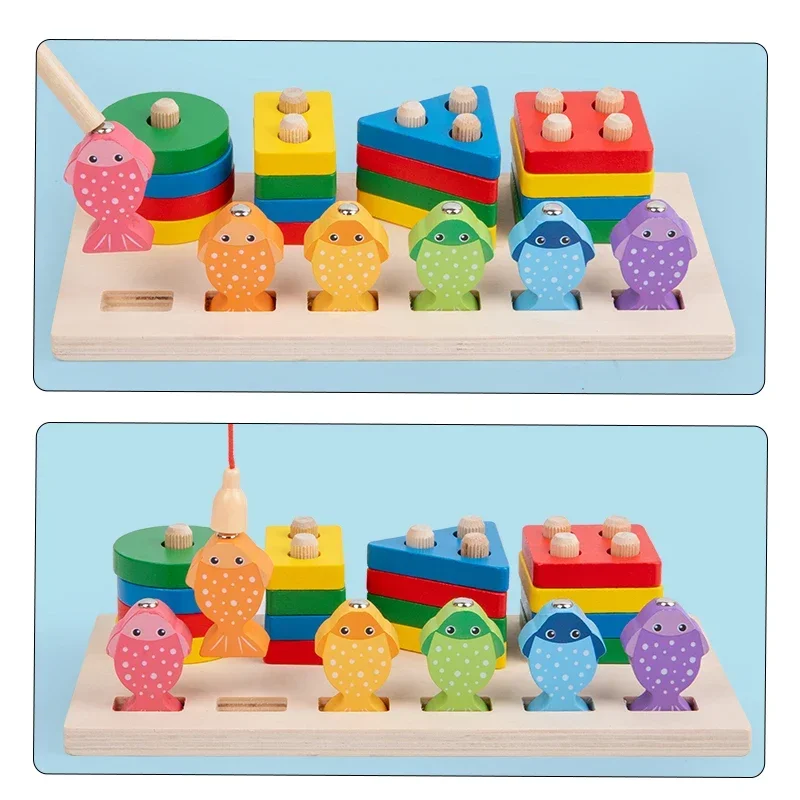 2 in 1 Montessori Kids Puzzle and Fishing Game Baby Developmental Toys Shape Sorting Wooden Educational Toys for Children Gift